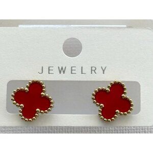 Gold-Tone Red  Stud Earrings With Beaded Edges